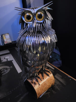 Owl From Repurposed Metal Using Yellow Owl Eyes