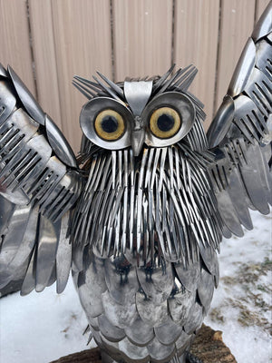 Impressive Metal Owl Sculpture by Harold Breit with Yellow Glass Eyes