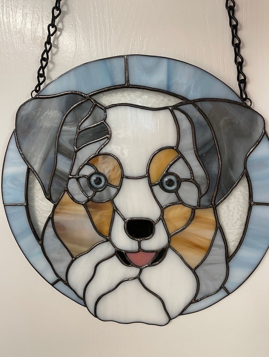 Stained Glass Dog Hanging with Blue Glass Eyes – Handmade Glass Eyes