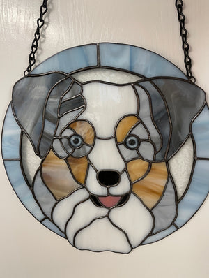 Stained Glass Dog Hanging with Blue Glass Eyes