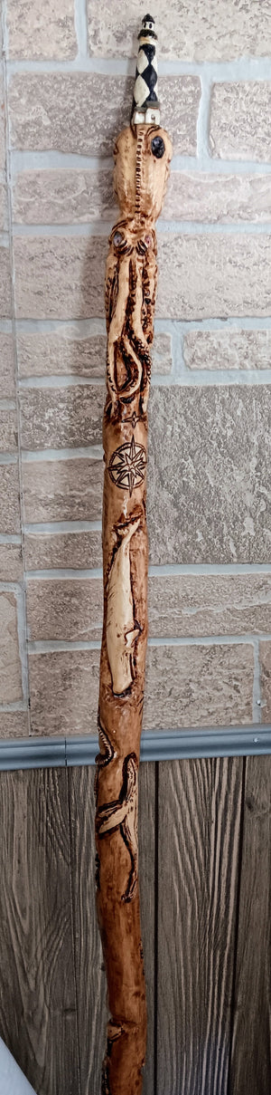 Carved Wood Walking Stick with Custom Kraken Eyes