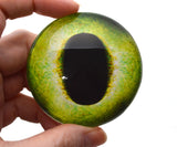Green giant dragon glass eye held by a hand on a white background