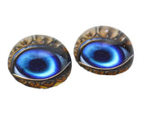 Pair of decorative glass eyes with blue center and gold frame on a white background