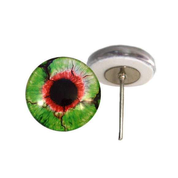 Green and red zombie glass eye on wire pin post