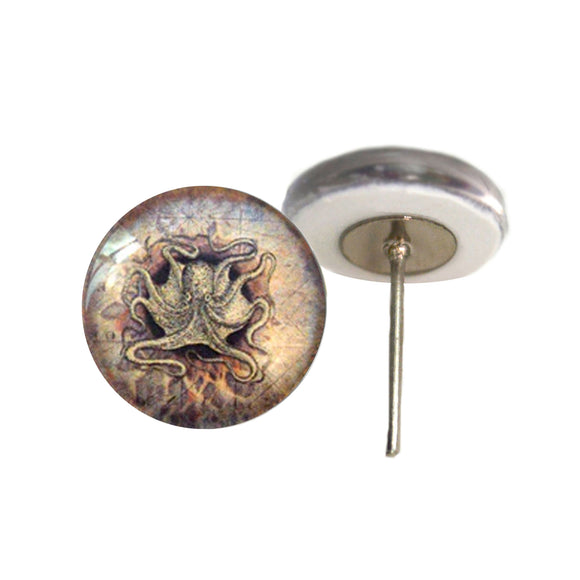 Nautical map and octopus glass eyes on wire pin posts